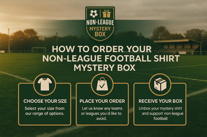 Promotional graphic for a non-league football shirt mystery box with a football pitch background.